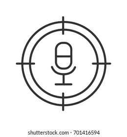 Aim on microphone linear icon. Dj, singer, soundman searching thin line illustration. Sound studio contour symbol. Vector isolated outline drawing