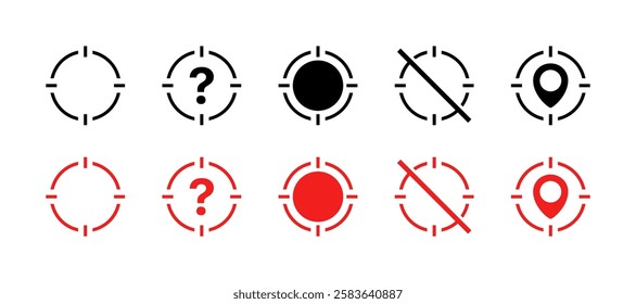 Aim on the target set icons. Map point icons. Linear, silhouette and flat style. Vector icons.