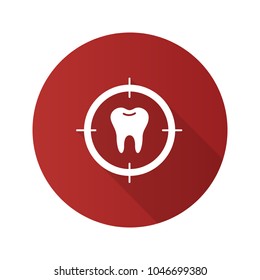 Aim on tooth flat design long shadow glyph icon. Threat to dental health. Vector silhouette illustration