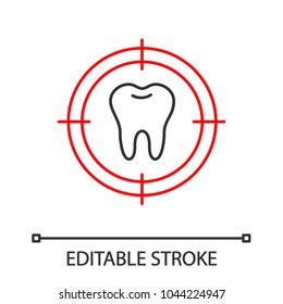 Aim on tooth linear icon. Thin line illustration. Threat to dental health. Contour symbol. Vector isolated outline drawing. Editable stroke