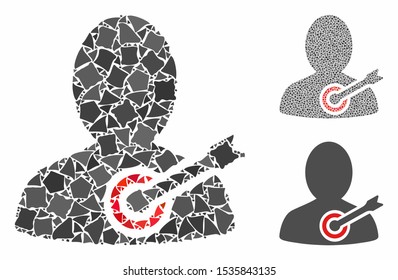 Composición personal de piezas irregulares en varios tamaños y tingas de color, basada en el icono de la persona objetivo. Las piezas desiguales del vector se organizan en collage. Collage de iconos de persona objetivo con patrón punteado.