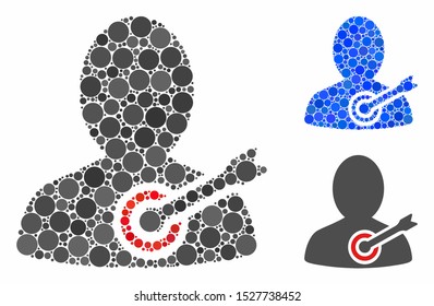 Aim person composition of round dots in different sizes and color tints, based on aim person icon. Vector round dots are grouped into blue illustration.