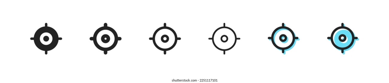 Icono de conjunto de objetivos. Publicidad, armas, óptica, zoom, colimador, guerra, tiroteo, público objetivo, víctima, publicidad dirigida. Concepto publicitario. Icono de seis líneas vectoriales en estilos diferentes