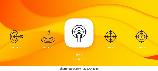 Aim set icon. Arrow, target, weapon, aiming, shooting, shooter. Targeted, contextual advertising. Advertisement concept. Infographic timeline with icons and 5 steps. Vector line icon for Business 