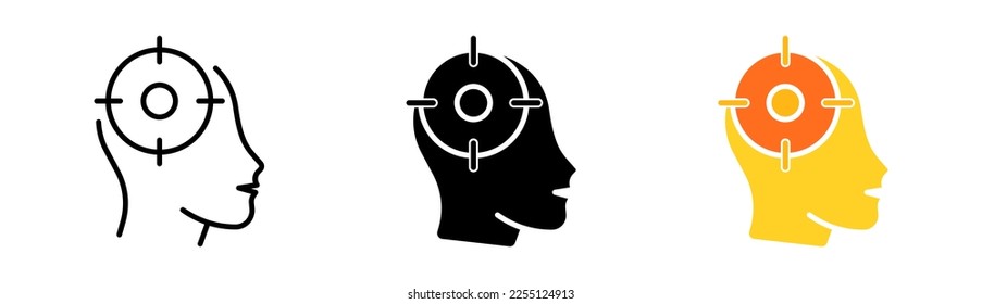 Icono de conjunto de objetivos. Óptica, puntero de puntería de francotirador, armas militares vistas futuristas. Punteros apuntando con armas, marca de puntería. Icono de vector en línea, estilo negro y colorido sobre fondo blanco