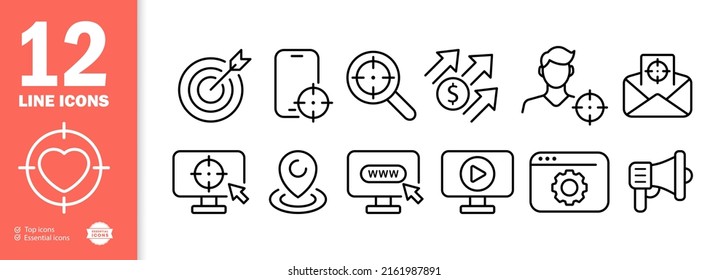 Aim set icon. Purpose, advertising, analytics, search, business, career, website, video, mouthpiece, share. Target audience concept. Vector line icon for Business and Advertising