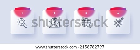 Aim set icon. Sale of goods, target audience, search, world. Contextual advertising. Glassmorphism style. Vector line icon for Business and Advertising