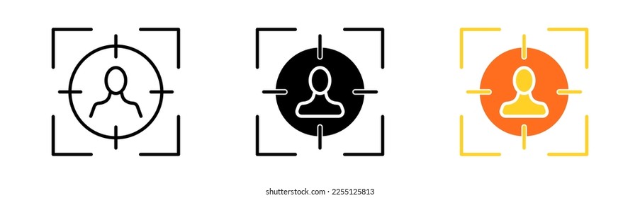 Icono de conjunto de objetivos. Vista, óptica, apuntador de Sniper, armas militares vistas futuristas. Punteros apuntando con armas, marca de puntería. Icono de vector en línea, estilo negro y colorido sobre fondo blanco