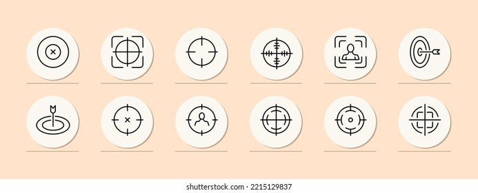 Ziel setzen Icon. Waffen, Optik, Zoom, Kollimator, Krieg, Schießen, Ziel, Opfer, gezielte Werbung. Werbekonzept. Pastellfarbener Hintergrund. Vektorliniensymbol