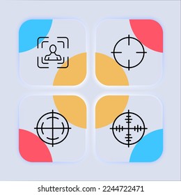 Icono de conjunto de objetivos. Armas, óptica, zoom, colimador, guerra, tiroteo, blanco, víctima, publicidad dirigida. Concepto publicitario. estilo de eomorfismo. Icono de línea de vector para empresas