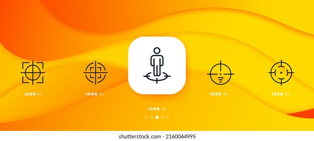 Aim set icon. Zoom, target, weapon, aiming, shooting, shooter. Targeted, contextual advertising. Advertisement concept. Infographic timeline with icons and 5 steps. Vector line icon for Business 