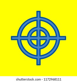 Aim sign. Vector. Office style blue icon at yellow background.