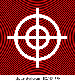 Aim sign. Vector. White icon on red and black radial pattern as background. Isolated.