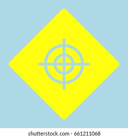 Aim sign. Vector. Yellow romb with hole as icon on lightblue background.