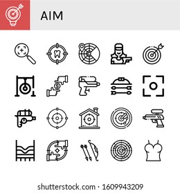 aim simple icons set. Contains such icons as Target, Radar, Shooter, Darts target, Focus, Water gun, Bow and arrow, Top, Archer, Dart, can be used for web, mobile and logo