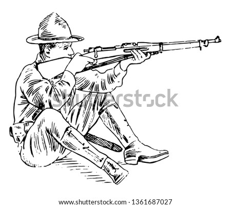Aim sitting which is the elbows are supported by the knees, vintage line drawing or engraving illustration.