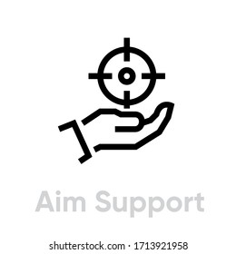 Aim Support Target Business icon. Editable line vector. Round element sphere sniper holds hand, palm of a man. Single pictogram.
