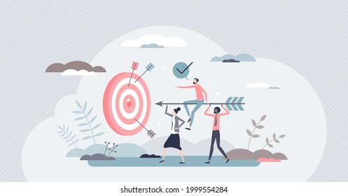 Aim to target as business teamwork effort and goal focus tiny person concept. Company growth and successful strategy management with effective team communication and group unity vector illustration.