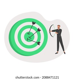 Aim to target as business teamwork effort and goal focus tiny person concept. Company growth and successful strategy management with effective team communication and group unity vector illustration.