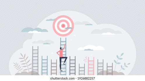 Aim to target and climbing stairs to reach business goal tiny persons concept. Ambitions and determination to get best opportunity and achievement vector illustration. Leadership effort and vision.