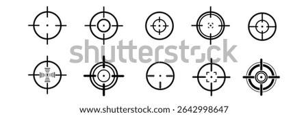 Aim or target cross symbol in circle. Illustration of weapon sign of sniper or sharpshooter. Aiming bullseye in flat design in outline style. Optical game weapon. Aim sight for hunting.