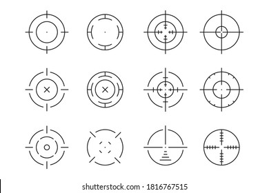 Aim, Target, Crosshair, Sight, Scope Illustration. Set Of Linear Icons. Periscope. Sniper Rifle Aim. Vector Collection