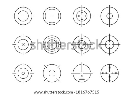 Aim, target, crosshair, sight, scope illustration. Set of linear icons. Periscope. Sniper rifle aim. Vector collection