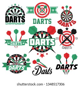 Aim or target darts game isolated icons sport accuracy competition or tournament emblem or logo dartboard and arrow score circles win championship or bar entertainment sporting contest hobby