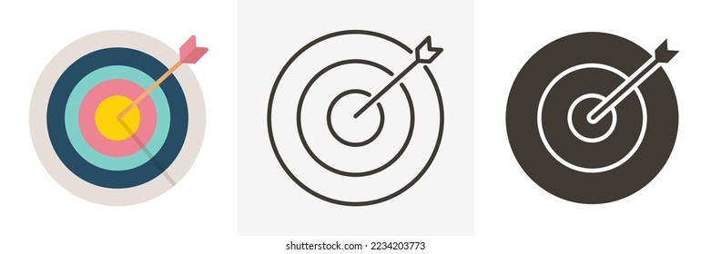 Aim target focus with arrow. Vector trendy icon illustration design in 3 different styles. Strategy, success, efficiency, business.
