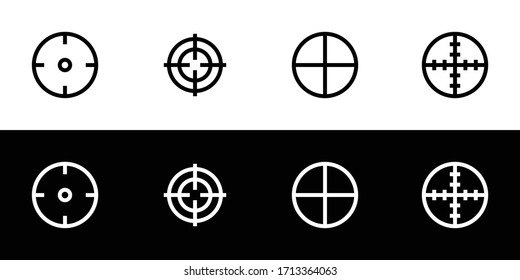 Aim target icon set. Flat design icon collection isolated on black and white background. Lock target and scope.
