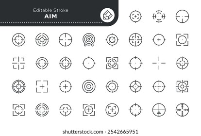 Aim, conjunto de ícones da linha de destino. Uma mira para mirar uma arma em um alvo. Série em estilo linear. Contornar a coleção de ícones. Pictograma conceptual
