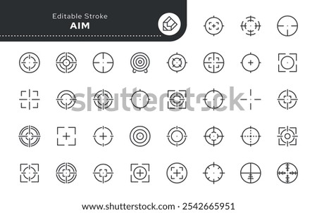 Aim, target line icon set. A sight for aiming a weapon at a target. Series in linear style. Outline icon collection. Conceptual pictogram
