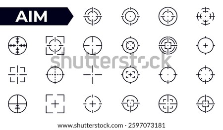 Aim, target outline icon set. A sight for aiming a weapon at a target. Series in linear style. Outline icon collection. Conceptual pictogram