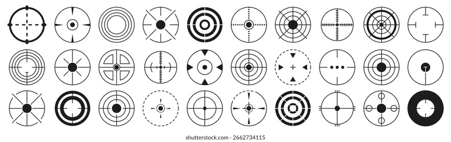 Mira alvo e visão ícone conjunto, precisão e mirar símbolos para tiro, jogos, tiro com arco e escopos militares, projetos de foco circular mínimo