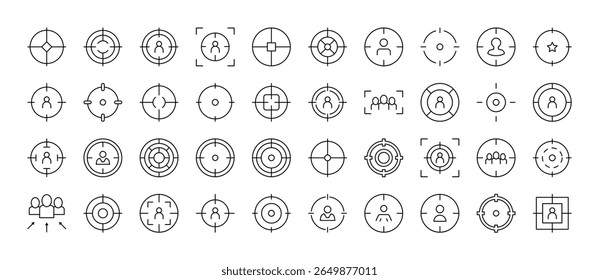 Aim Do Conjunto De Ícones De Linha Fina. Sinais de tópicos alvo para design gráfico e Web, aplicativos, anúncios, várias cartas 