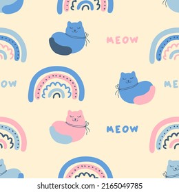 Patrón asimétrico sin fisuras con gatos, arcos y texto MEA. Impresión estética infantil para camisetas, tela, textiles. Ilustración vectorial dibujada a mano para la decoración y el diseño.
