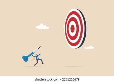 Aiming for big goal, challenge to achieve target, success or accuracy, ambition or determination to reach business target concept, businessman throwing huge dart, aiming to hit dartboard bullseye.