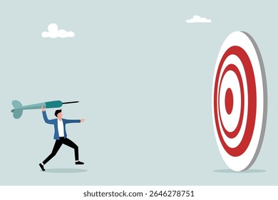 Visando o grande objetivo, desafio para alcançar o objetivo, sucesso ou precisão, ambição ou determinação para alcançar o conceito de alvo de negócios, empresário jogando dardo enorme, com o objetivo de atingir alvo de dardo.