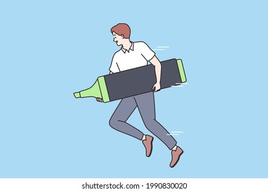 Aiming business goals and time management concept. Young positive businessman cartoon character running and holding huge green marker in hands vector illustration 