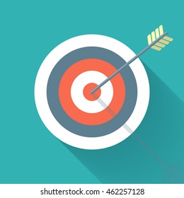 Aiming Concept, The Arrow In Bulls Eye, Colorful Vector Flat Illustration