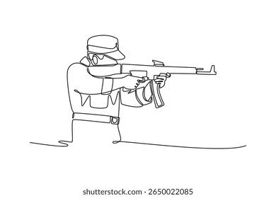 aiming at the enemy.  world war concept. Single line draw design. Vector graphic illustration