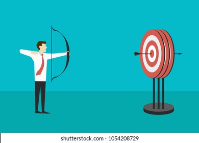 Aiming the goal. Cartoon illustration of man in suit holding archery and having arrow in middle of target. Eps vector illustration, horizontal image, flat design.