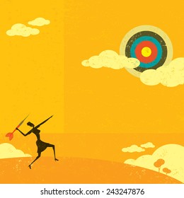 Aiming for a high target Businesswoman trying to hit a high target with a large dart to achieve her goal. The woman is on a separate labeled layer from the background. 
