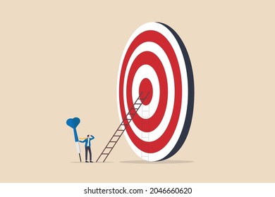 Aiming for high target mission, plan and strategy to achieve goal, business opportunity or career success journey concept, contemplate businessman hold big dart about to climb up ladder to bullseye.