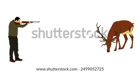 Aiming hunter man with rifle shooting deer vector illustration isolated. Male outdoor hobby  hunting rain deer. Shooter kill animal prey outdoor sport hobby. Male primal instinct. Wild animal target