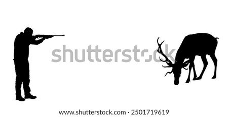 Aiming hunter man with rifle shooting deer vector silhouette illustration isolated. Male outdoor hobby hunting deer. Shooter kill animal prey outdoor sport hobby. Primal instinct wild animal target
