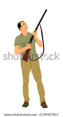 Aiming hunter man with shotgun rifle vector illustration isolated on white background. Outdoor hobby birds hunting. Soldier with rifle on duty. Man shooter defends property. Military outdoor skills.