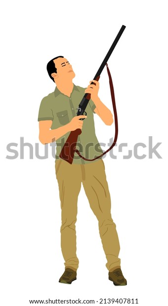 Aiming hunter man with shotgun rifle vector\
illustration isolated on white background. Outdoor hobby birds\
hunting. Soldier with rifle on duty. Man shooter defends property.\
Military outdoor\
skills.