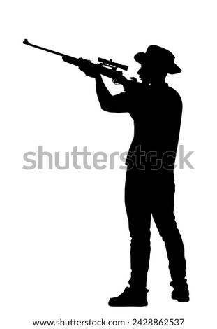 Aiming hunter man with sniper rifle vector silhouette illustration isolated on white background. Outdoor hobby hunting. Soldier with hat and rifle on duty. Man shooter defends property. Military skill