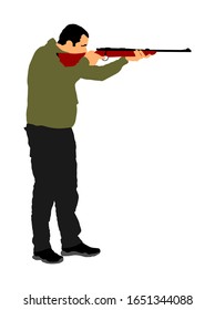 Cazador de armas con ilustración vectorial de rifle aislado en fondo blanco. Escena de caza del pasatiempo al aire libre. Soldado con rifle en servicio. Un hombre que dispara con escopeta defiende la propiedad. Capacidad militar